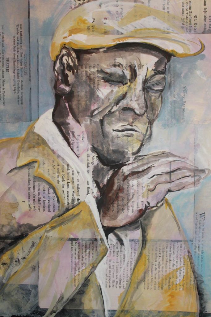 Collage Acrylic Painting - Acrymalerei von Anne Mahler de Navia: Denkender Mann - man thinking